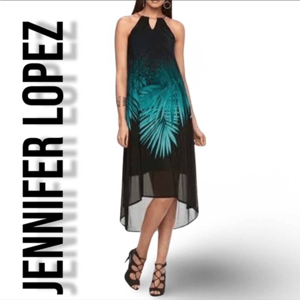 Jennifer Lopez High Low Dress Gold Chain Neckline Black and Green Floral